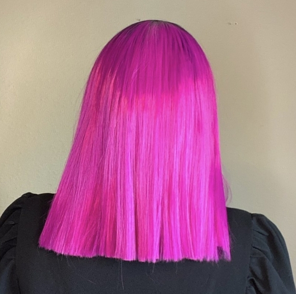 Hot Pink Fuchsia & Dark Root Blunt Straight Lace Front Wig - Picture 3 of 9